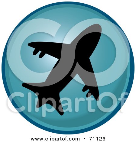 Royalty-Free (RF) Clipart Illustration of a Blue Airplane Button With A Silhouetted Plane by Pams Clipart