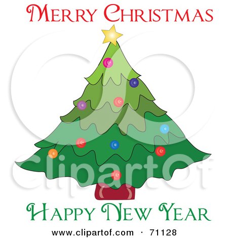 Royalty-Free (RF) Clipart Illustration of a Merry Christmas Happy New Year Greeting With A Christmas Tree by Pams Clipart