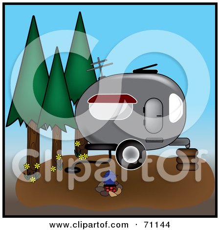 Royalty-Free (RF) Clipart Illustration of a Kettle Over A Fire By A Camper In The Woods by Pams Clipart