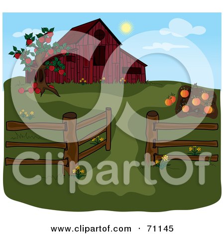Royalty-Free (RF) Clipart Illustration of an Apple Tree And Pumpkin Patch By A Red Barn During The Day by Pams Clipart
