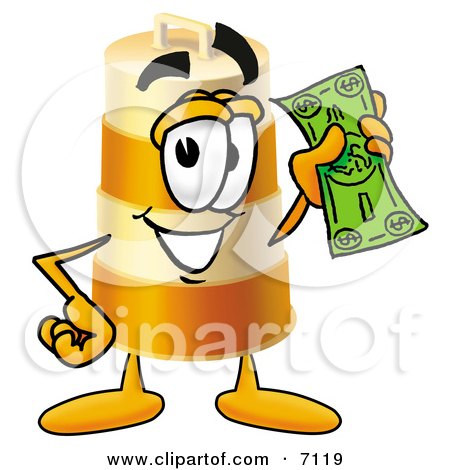 Clipart Picture of a Barrel Mascot Cartoon Character Holding a Dollar Bill by Mascot Junction