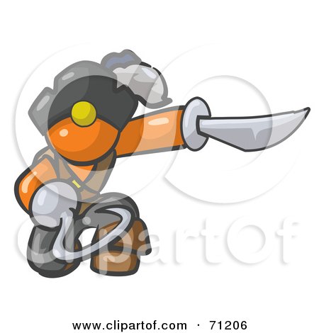 Royalty-Free (RF) Clipart Illustration of a Kneeling Orange Man Pirate With A Hook Hand And A Sword by Leo Blanchette