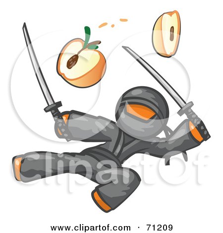 Royalty-Free (RF) Clipart Illustration of an Orange Man Ninja Jumping And Slicing An Apple With Swords by Leo Blanchette