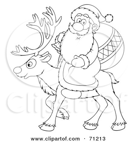 Royalty-Free (RF) Clipart Illustration of a Black And White Outline Of Santa Carrying A Sack And Riding On The Back Of A Reindeer by Alex Bannykh