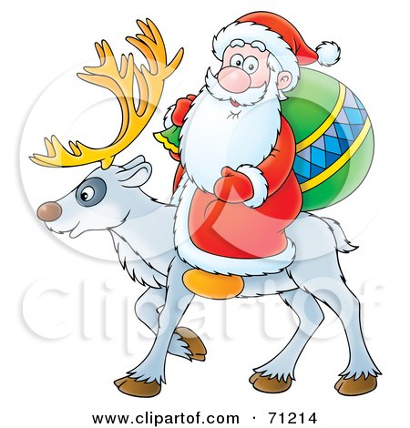 Royalty-Free (RF) Clipart Illustration of Santa Carrying A Sack And Riding On The Back Of A Reindeer by Alex Bannykh