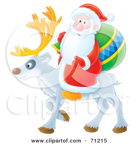 Royalty-Free (RF) Clipart Illustration of Santa Carrying An Airbrushed Sack And Riding On The Back Of A Reindeer by Alex Bannykh