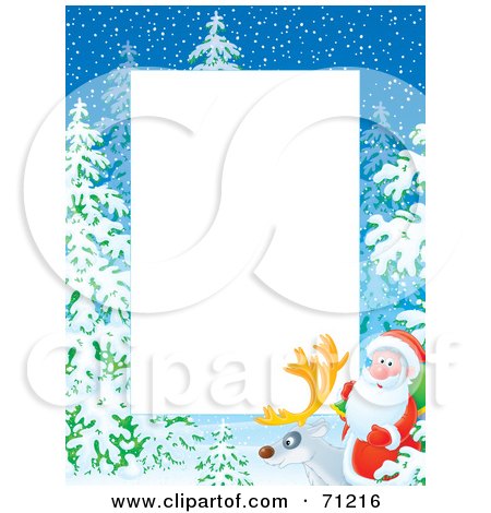 Royalty-Free (RF) Clipart Illustration of a Vertical Background With Snow, Trees And Santa On A Reindeer Around White Space by Alex Bannykh