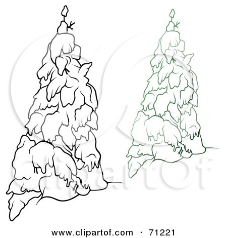 Royalty-Free (RF) Clipart Illustration of an Evergreen Tree Flocked In Snow, With A Black And White Copy - Version 5 by dero