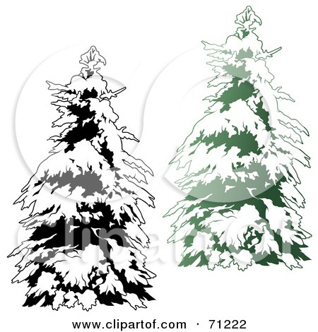 Royalty-Free (RF) Clipart Illustration of an Evergreen Tree Flocked In Snow, With A Black And White Copy - Version 2 by dero