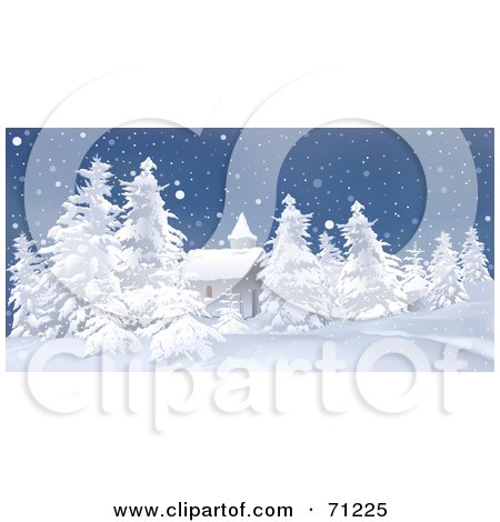 Royalty-Free (RF) Clipart Illustration of a Church Building Surrounded By Snow Flocked Trees On A Wintry Night by dero