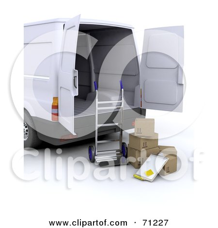 Royalty-Free (RF) Clipart Illustration of a 3d Hand Truck With Boxes And A Clipboard Behind A Delivery Van by KJ Pargeter