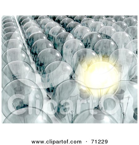 Royalty-Free (RF) Clipart Illustration of a Clear Shining Glass Lightbulb In Rows Of Bulbs by KJ Pargeter