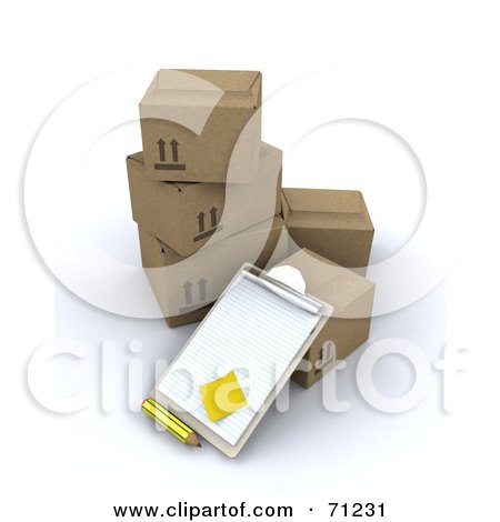 Royalty-Free (RF) Clipart Illustration of a 3d Clipboard Leaning Against A Cardboard Box by KJ Pargeter