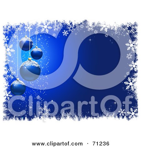 Royalty-Free (RF) Clipart Illustration of a Deep Blue Christmas Background With Hanging Snowy Baubles With Snowflake Borders by KJ Pargeter