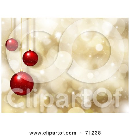 Royalty-Free (RF) Clipart Illustration of a Golden Sparkly Christmas Background With Hanging Red Baubles by KJ Pargeter