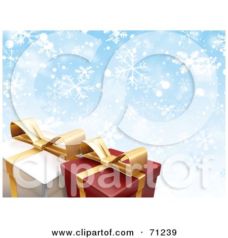 Royalty-Free (RF) Clipart Illustration of a Blue Snowflake Background With Two Christmas Gift Boxes by KJ Pargeter