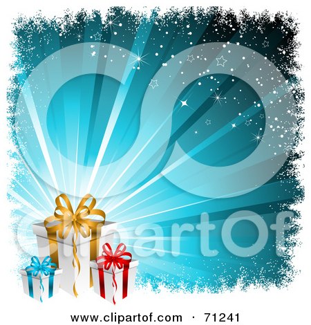 Royalty-Free (RF) Clipart Illustration of Three Christmas Gift Boxes Over A Bursting Blue Background With Grunge And Stars by KJ Pargeter