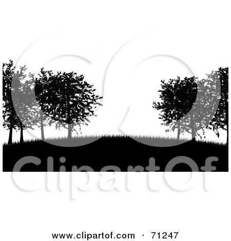 Royalty-Free (RF) Clipart Illustration of a Black And White Silhouetted Trees On A Hill Over White by KJ Pargeter