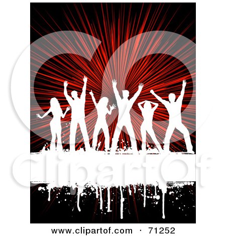 Royalty-Free (RF) Clipart Illustration of a White Grungy Text Box With Dancers Over A Red Burst by KJ Pargeter