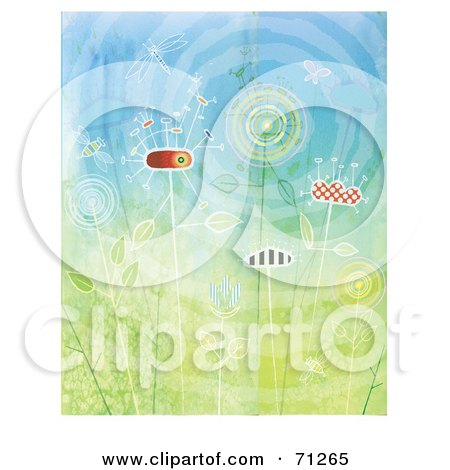 Royalty-Free (RF) Clipart Illustration of a Background Of Abstract Flowers, Bugs And The Sun by Steve Klinkel