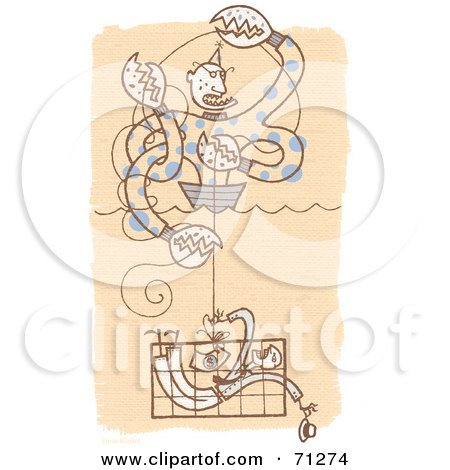 Royalty-Free (RF) Clipart Illustration of a Crab Monster Pulling Up A Man In A Crab Cage by Steve Klinkel