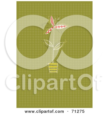 Royalty-Free (RF) Clipart Illustration of a Green Halftone Patterned Background With A Potted Plant by Steve Klinkel