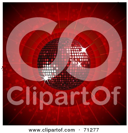 Royalty-Free (RF) Clipart Illustration of a Dark Red Sparkly Disco Ball On A Circular Burst Background by elaineitalia