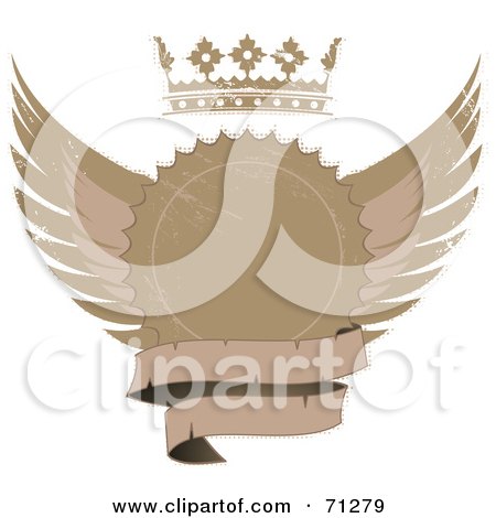 Royalty-Free (RF) Clipart Illustration of a Distressed Beige Label Seal With Wings, A Crown And Blank Banner by elaineitalia