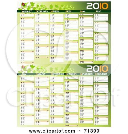 Royalty-Free (RF) Clipart Illustration of a Green Ladybug 2010 Yearly Calendar With All 12 Months by Oligo
