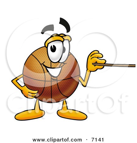 Clipart Picture of a Basketball Mascot Cartoon Character Holding a Pointer Stick by Mascot Junction