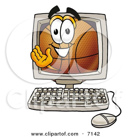 Clipart Picture of a Basketball Mascot Cartoon Character Waving From Inside a Computer Screen by Mascot Junction