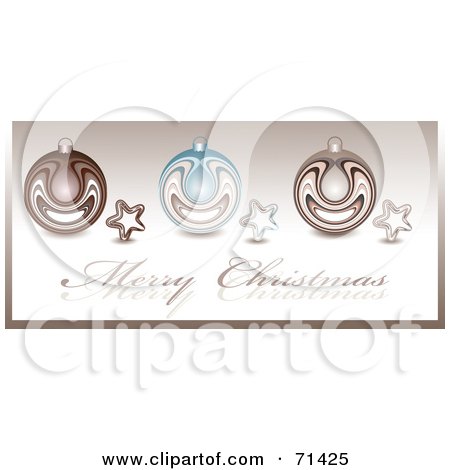 Royalty-Free (RF) Clipart Illustration of a Beige Merry Christmas Greeting With Shiny Ornaments And Stars by kaycee