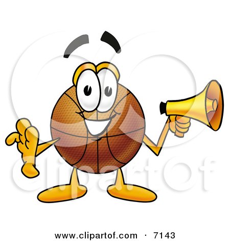 Clipart Picture of a Basketball Mascot Cartoon Character Holding a Megaphone by Mascot Junction