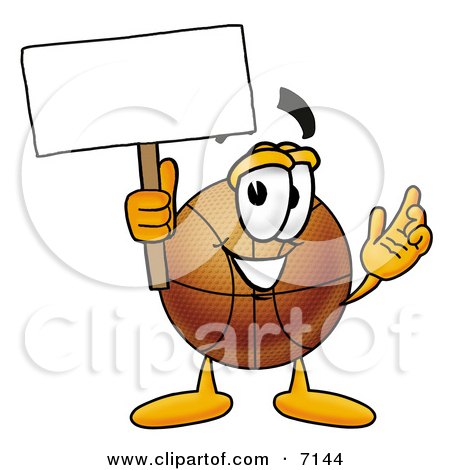 Clipart Picture of a Basketball Mascot Cartoon Character Holding a Blank Sign by Mascot Junction