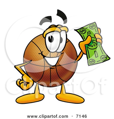 Clipart Picture of a Basketball Mascot Cartoon Character Holding a Dollar Bill by Mascot Junction