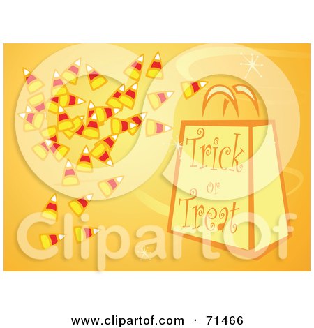 Royalty-Free (RF) Clipart Illustration of an Orange Halloween Background Of A Trick Or Treat Bag With Candycorn by xunantunich