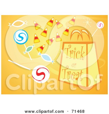 Royalty-Free (RF) Clipart Illustration of an Orange Halloween Background Of A Trick Or Treat Bag And Candy by xunantunich