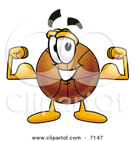 Clipart Picture of a Basketball Mascot Cartoon Character Flexing His Arm Muscles by Mascot Junction