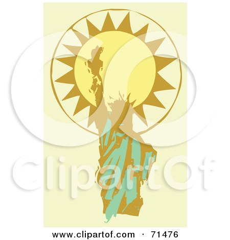 Royalty-Free (RF) Clipart Illustration of The Statue Of Liberty In Front Of The Sun, On Beige by xunantunich