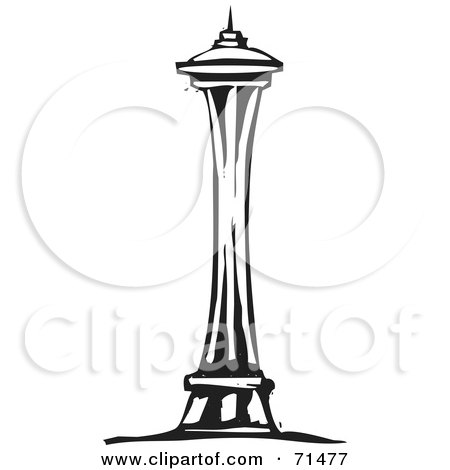 Royalty-Free (RF) Clipart Illustration of a Black And White Carving Design Of The Space Needle by xunantunich