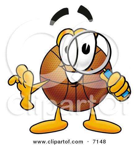 Clipart Picture of a Basketball Mascot Cartoon Character Looking Through a Magnifying Glass by Mascot Junction
