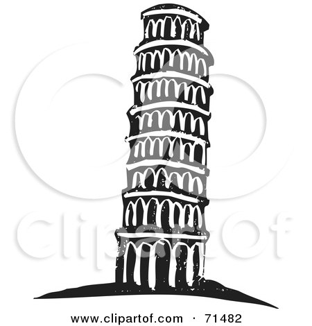 Royalty-Free (RF) Clipart Illustration of a Black And White Carving Design Of The Leaning Tower of Pisa by xunantunich