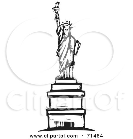 Royalty-Free (RF) Clipart Illustration of a Black And White Wood Carved Style Statue Of Liberty by xunantunich