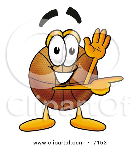 Clipart Picture of a Basketball Mascot Cartoon Character Waving and Pointing by Mascot Junction