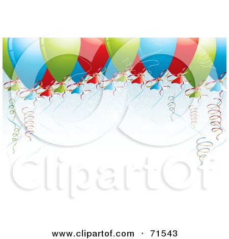 Royalty-Free (RF) Clipart Illustration of Colorful Balloons And Curly Ribbons Floating Over White Space by MilsiArt