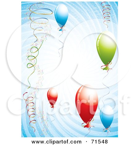 Royalty-Free (RF) Clipart Illustration of Colorful Balloons And Ribbons In A Blue Spiral by MilsiArt