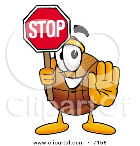 Clipart Picture of a Basketball Mascot Cartoon Character Holding a Stop Sign by Mascot Junction