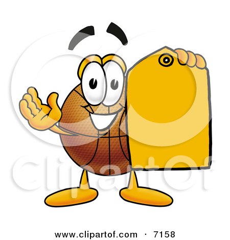 Clipart Picture of a Basketball Mascot Cartoon Character Holding an Orange Sales Price Tag by Mascot Junction