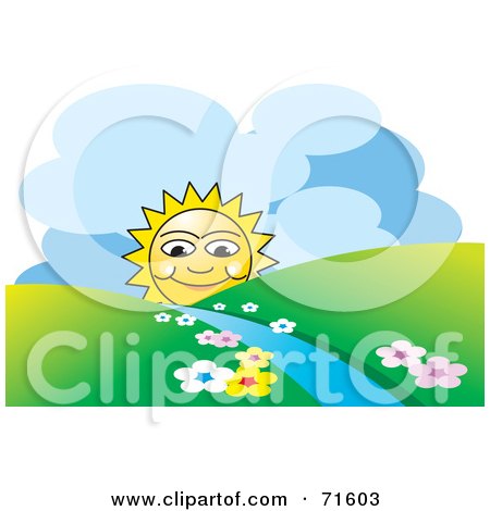 Royalty-Free (RF) Clipart Illustration of a Happy Sun Rising Behind Hills And A Stream by Lal Perera