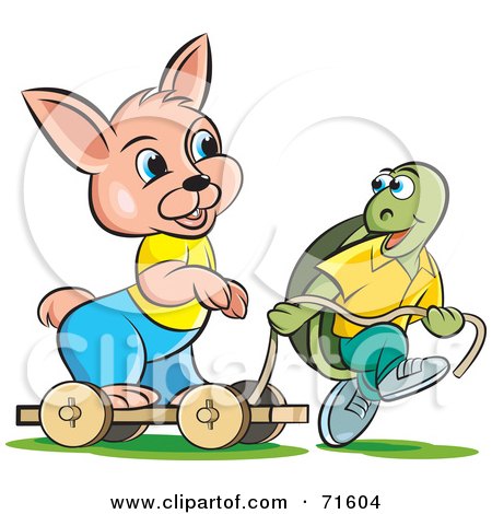 Royalty-Free (RF) Clipart Illustration of a Tortoise Pulling A Rabbit On A Cart by Lal Perera